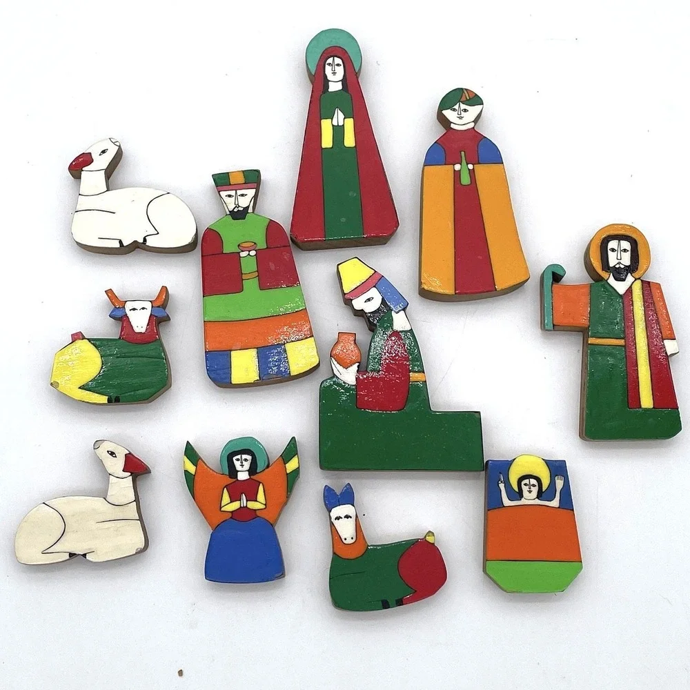 VTG Handmade Wooden Nativity Scene 11 Piece El Salvador Collectible Toy/Figurine